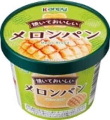 Green-lidded Kanpy container labeled "メロンパン" with a melon-bread image on the label.