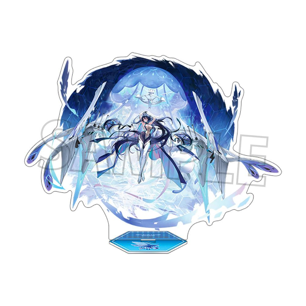 Acrylic stand for "カンザス" showing the illustrated character with a blue-themed background and the included base on a white background.