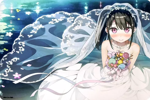 Rubber playmat showing an anime girl in a wedding dress holding a bouquet beside water.