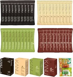 Four rows of Canu instant coffee stick packets in black, cream, green, and brown above four matching product boxes and a couple of packaged snacks.