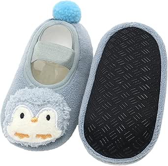 Light blue baby non-slip room socks shown as a pair, one with a penguin face on top and the other showing a black textured sole.