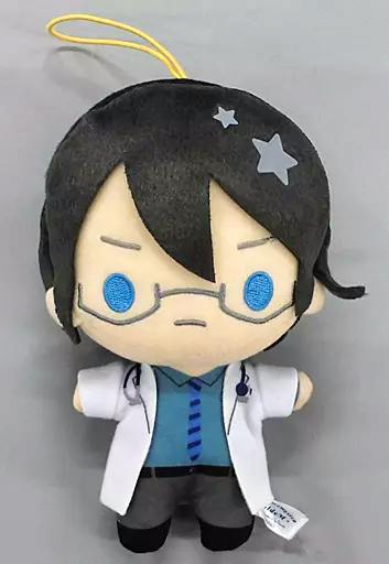Plush toy of 桜庭薫 (Idolmaster SideM) wearing glasses and a white coat against a gray background.