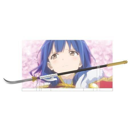 An acrylic character stand featuring 花柳香子 with a metal polearm-style object displayed across the stand.