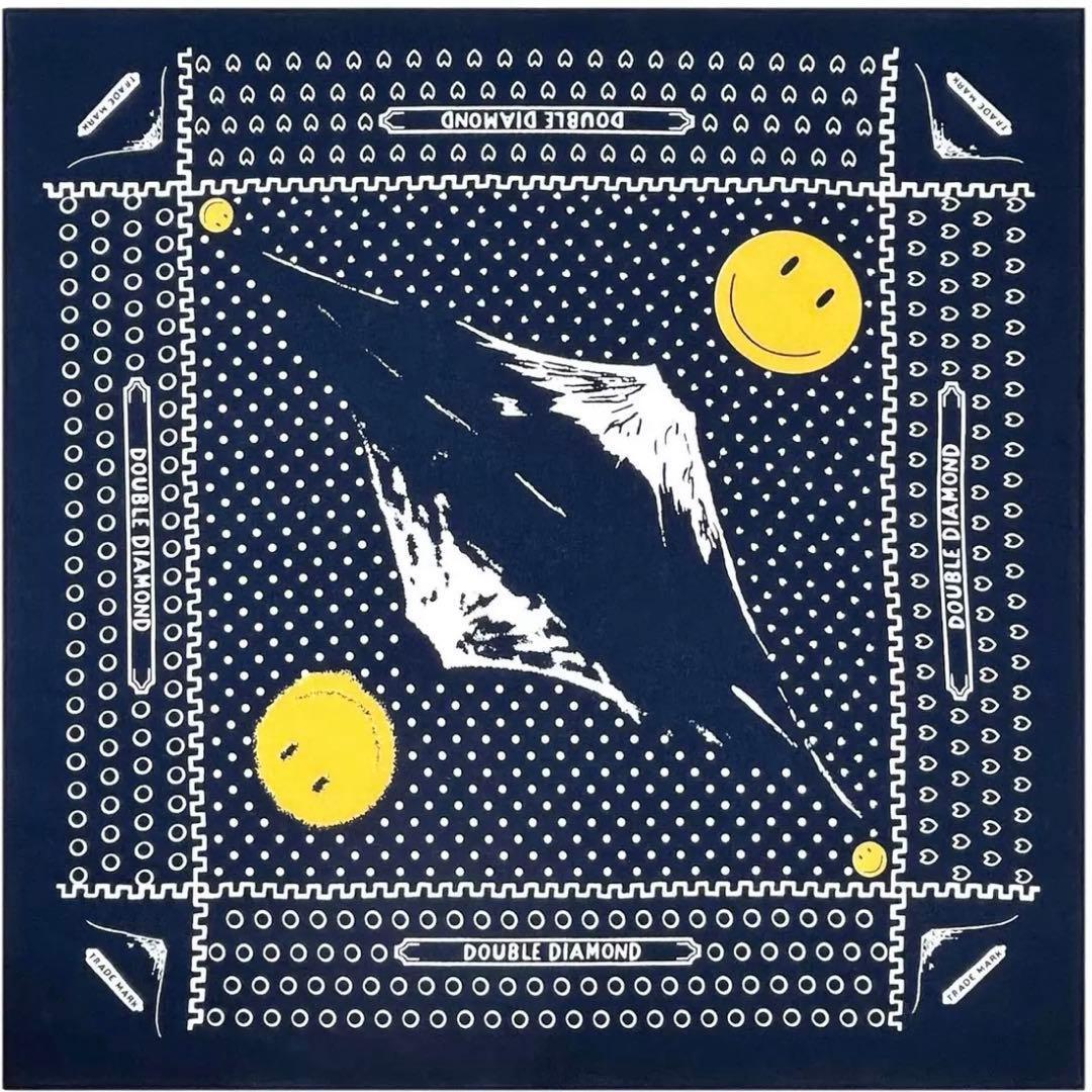 Dark blue cotton bandana showing a white mountain graphic centered, a white dot pattern, two yellow smiley faces, and printed border details.