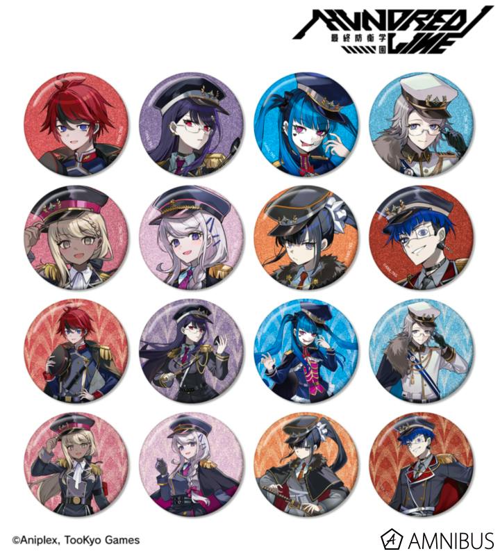 A 4x4 grid of sixteen round glitter can badges showing anime-style characters in military-style outfits with branding logos.