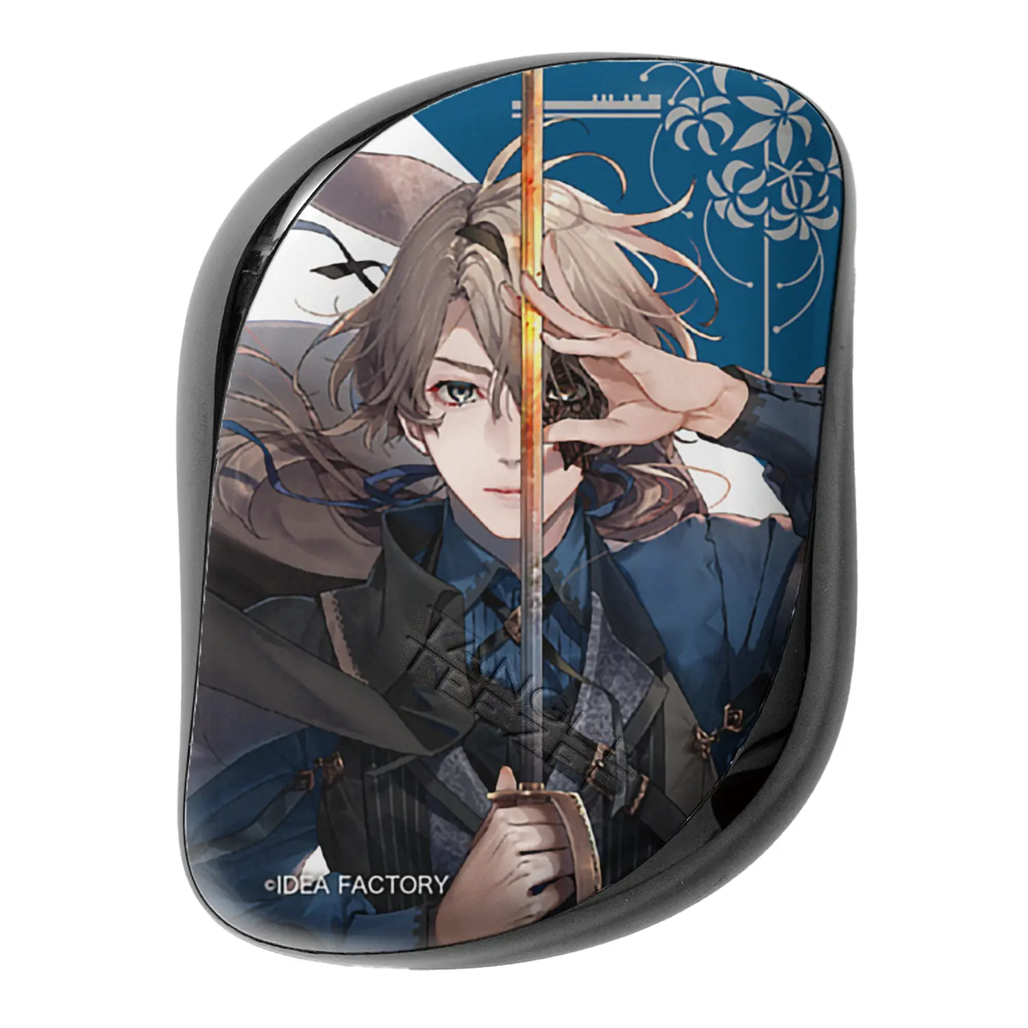 A hair brush top printed with an illustrated character holding a sword against a blue decorative background.