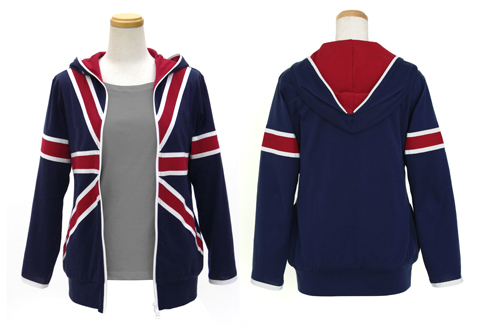 Front and back views of a navy polyester men's Kujo Karen parka with a red-lined hood and white-and-red Union-Jack-style stripes on the front.