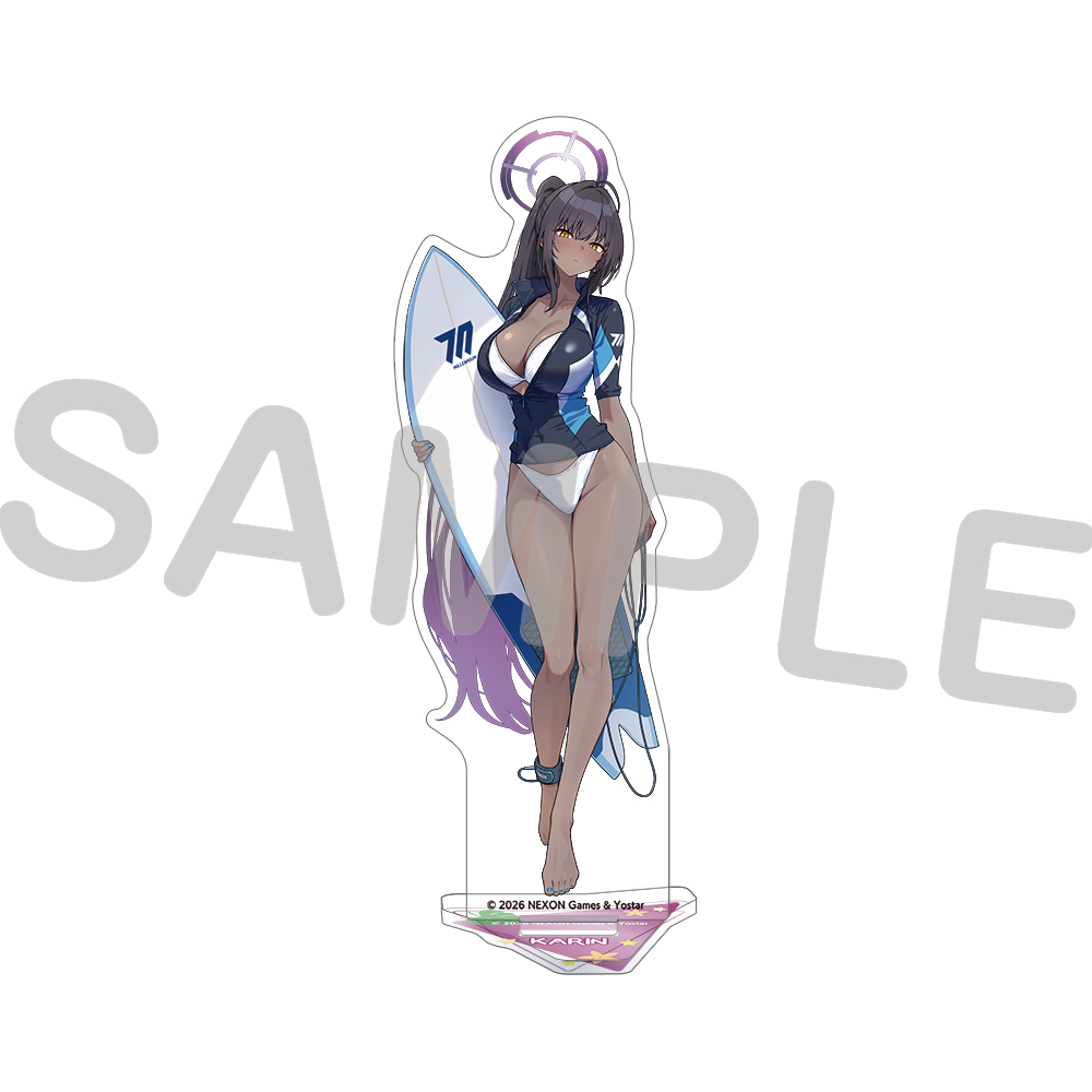 Acrylic stand showing a full-body illustration of Karin in a swimsuit on a clear base.