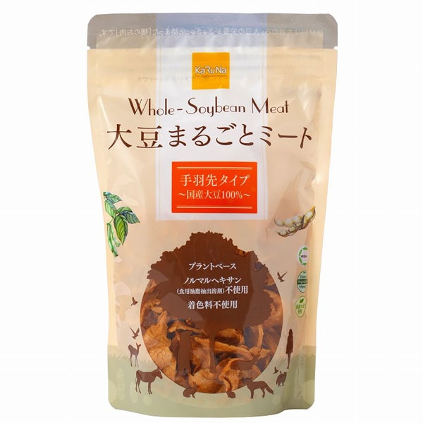 Front photo of the 大豆まるごとミート 手羽先 product pouch showing package artwork and a transparent window with the product inside.