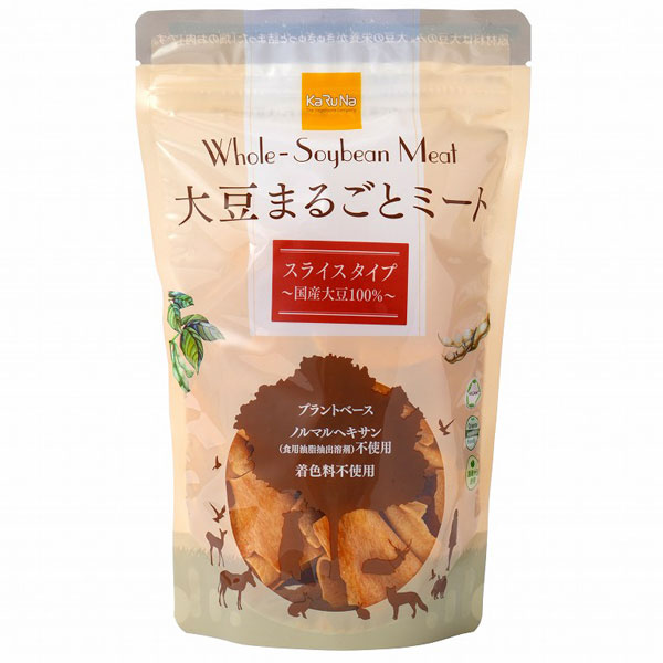 Front-facing photo of the package for 大豆まるごとミート スライス (80g) showing the brand and visible slices through a window.