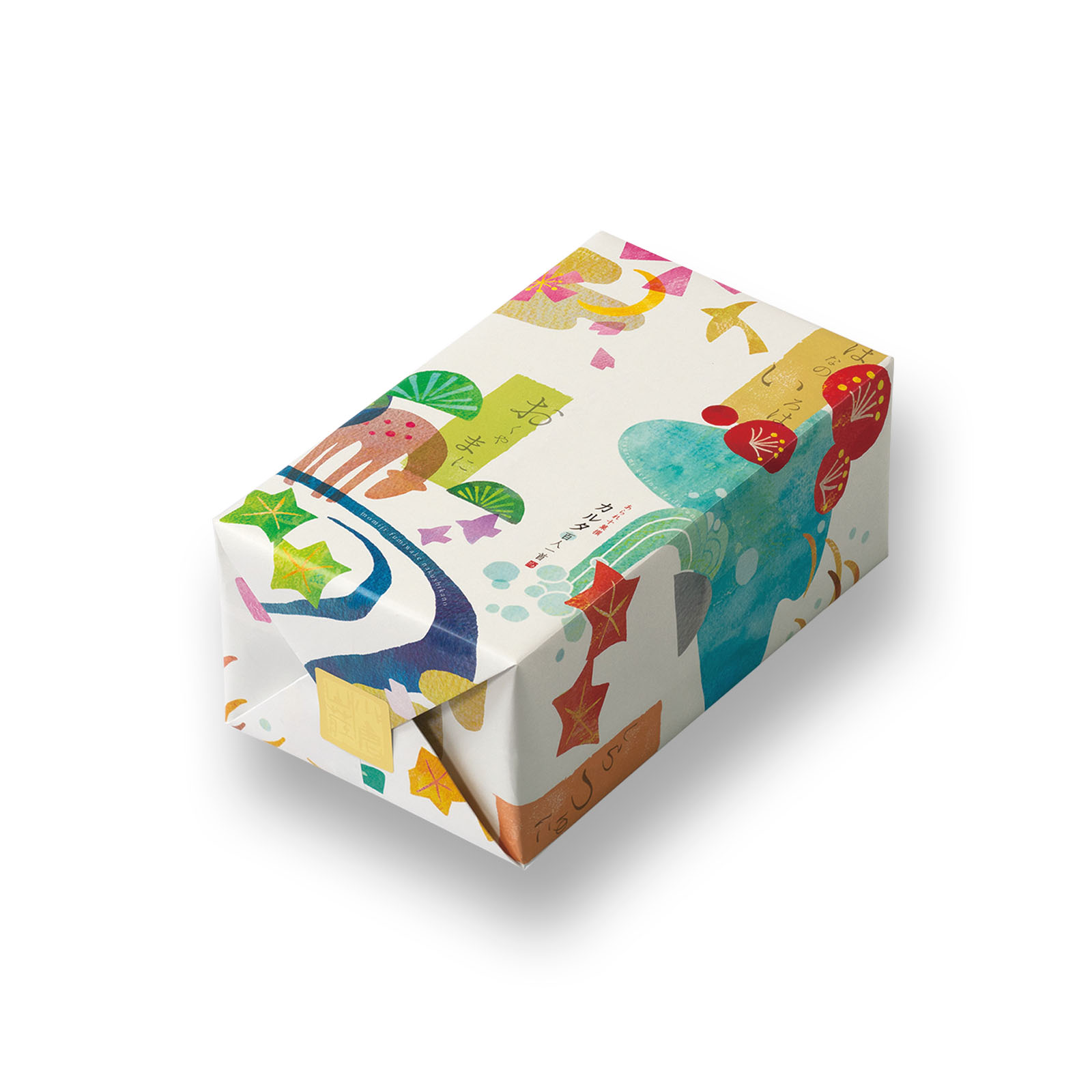 A small decorative gift box for rice crackers wrapped in colorful illustrated paper.