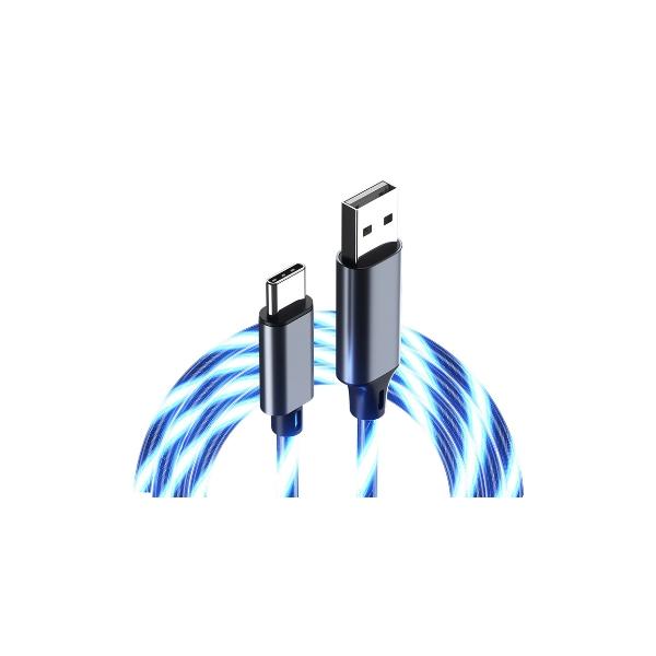 Blue USB-A to USB-C charging and sync cable shown with illuminated glowing cable and connectors.