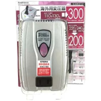 Packaged Kashimura WT-74M overseas voltage converter showing the front of the unit and packaging.