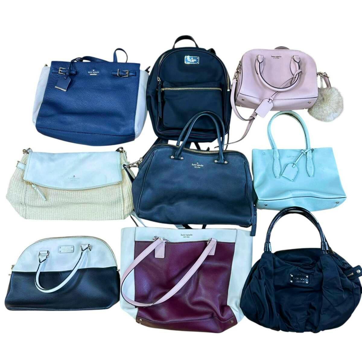 Nine Kate Spade bags — totes, handbags, and a backpack — arranged on a white background.