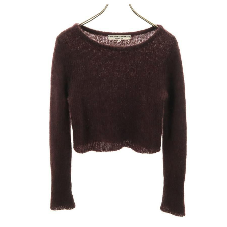 Brown/maroon cropped long-sleeve mohair-blend sweater hanging on a hanger against a white background.