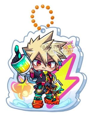 A colorful acrylic keychain showing a chibi character illustration attached to an orange ball chain.