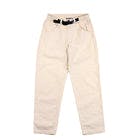 Full-length front view of men's cotton Chilliwack pants in birchwood color, showing elastic waist and webbing belt.