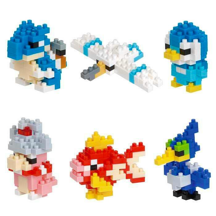 Six assembled nanoblock mini Pocket Monsters (water type) figures shown on a white background.