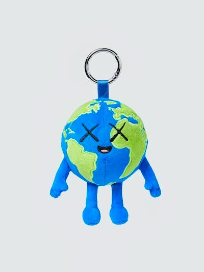 Plush globe charm keychain: blue and green earth with crossed-out eyes, arms, legs, and a metal ring.