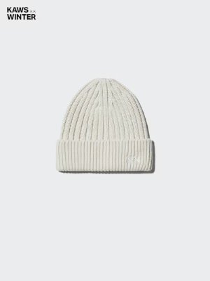 Ribbed acrylic knit beanie with a folded cuff displayed on a light gray background with 'KAWS WINTER' text.