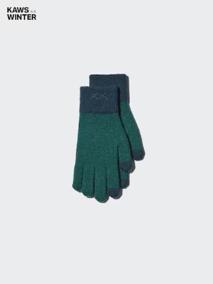 A pair of green acrylic knit gloves with navy cuffs featuring an embroidered "XX" motif on a light background.