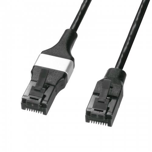 Close-up photograph showing the two connector ends of the thin Category 6A LAN cable.