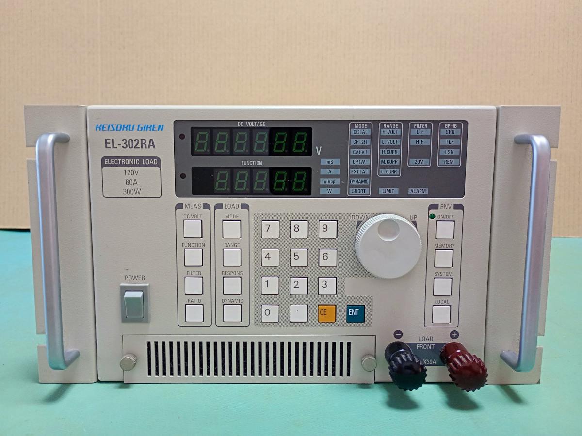 Front panel of Keisoku Giken EL-302RA electronic load showing display, buttons, knob, and load terminals.