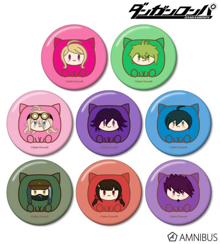 Nine round can badges featuring chibi character illustrations on different colored backgrounds arranged in a three-by-three grid.
