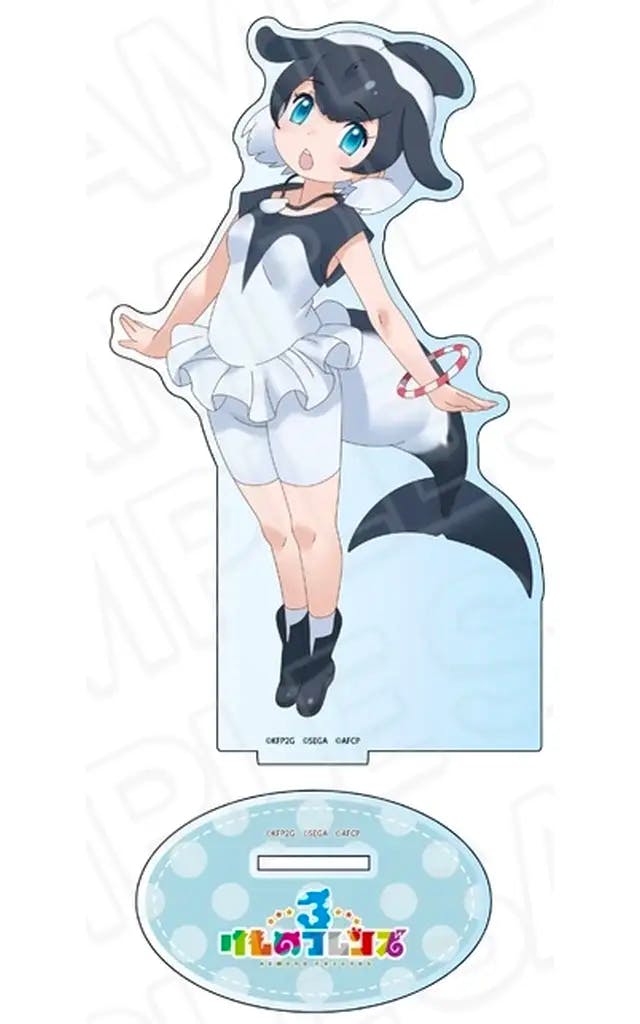 Illustrated acrylic stand of the Irowake Iruka character shown with its oval display base bearing the Kemono Friends 3 logo.