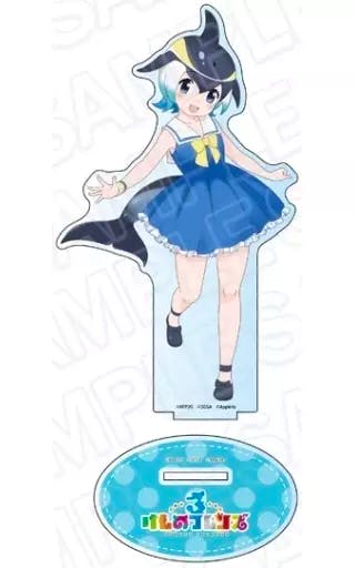 A photo of the acrylic stand and its oval base showing マイルカ character artwork from けものフレンズ3.