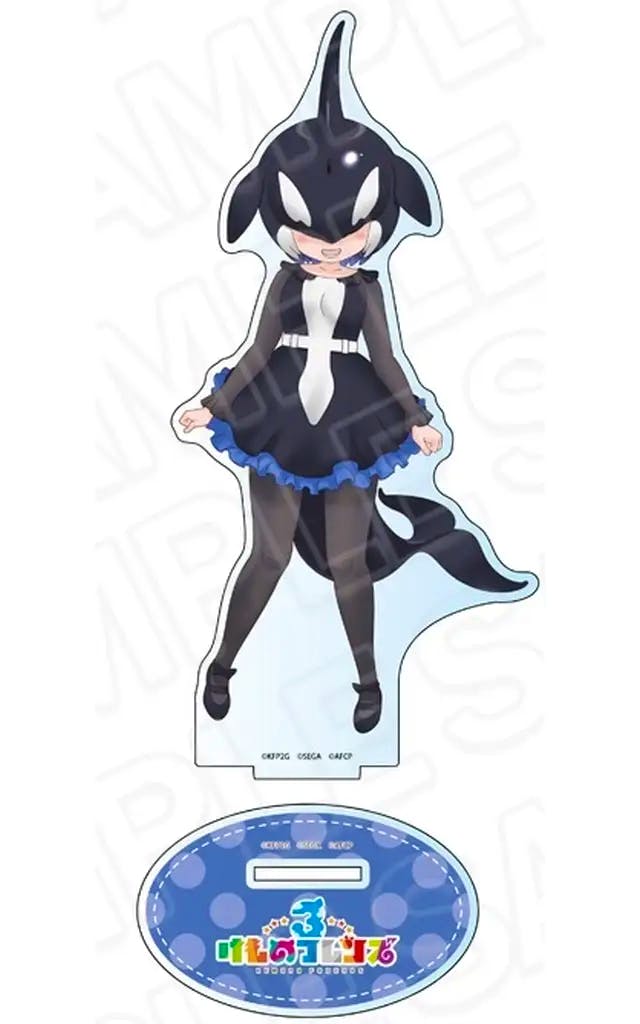 A photo of the acrylic stand showing the Shachi (orca) character from Kemono Friends 3 with its oval printed base.