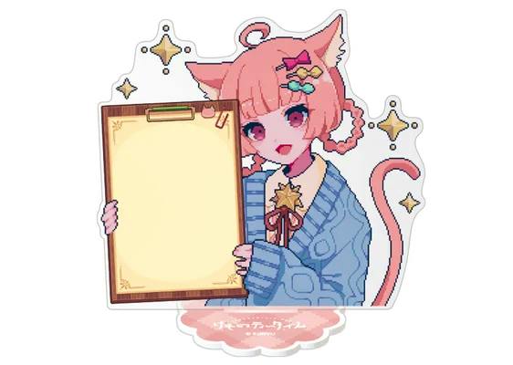 A pink-haired cat-eared character acrylic memo board holding a clipboard with a scalloped stand visible.