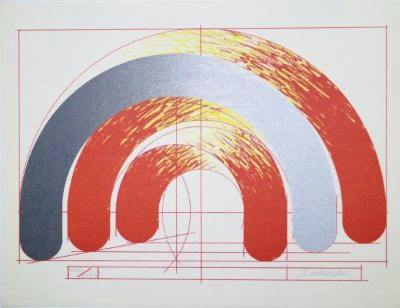 Ken Hara lithograph “STROKES 74-3” showing three arched brushstroke shapes in gray, silver, and red with red grid and guide lines on a white background.