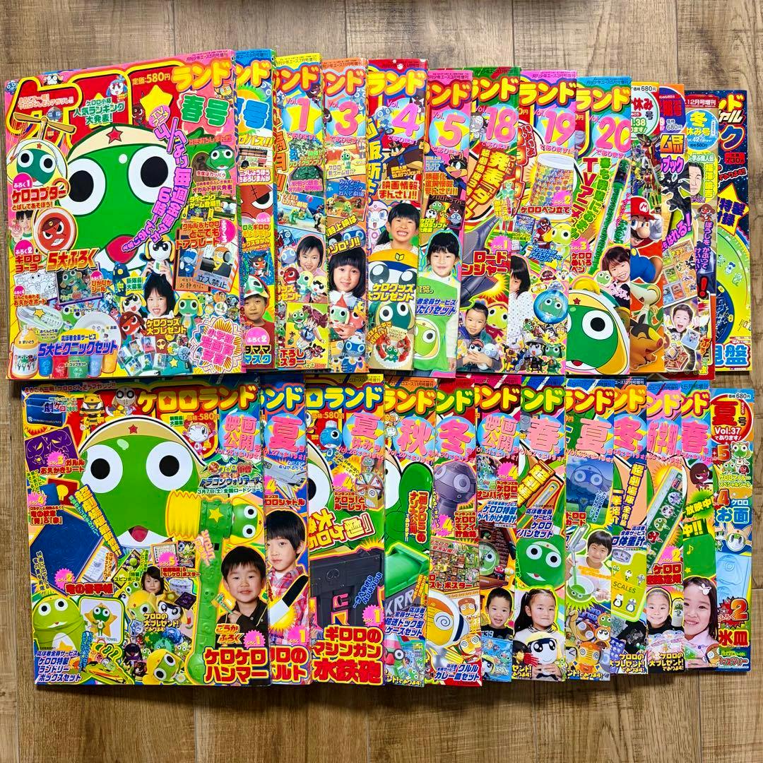 A laid-out set of Keroro Land magazine covers displayed in two rows on a wooden floor.