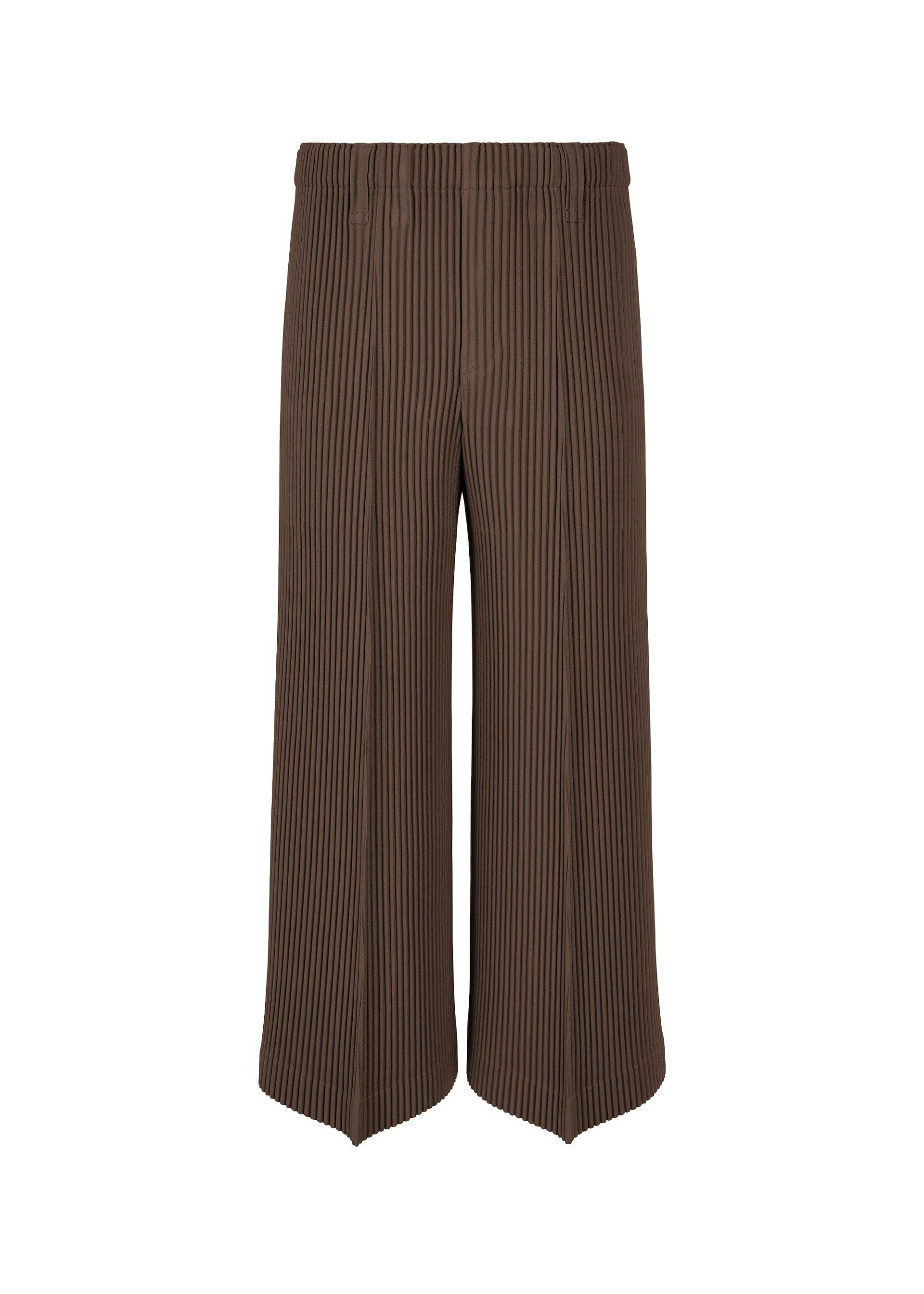 Front view of brown pleated men's pants shown full-length on a white background.