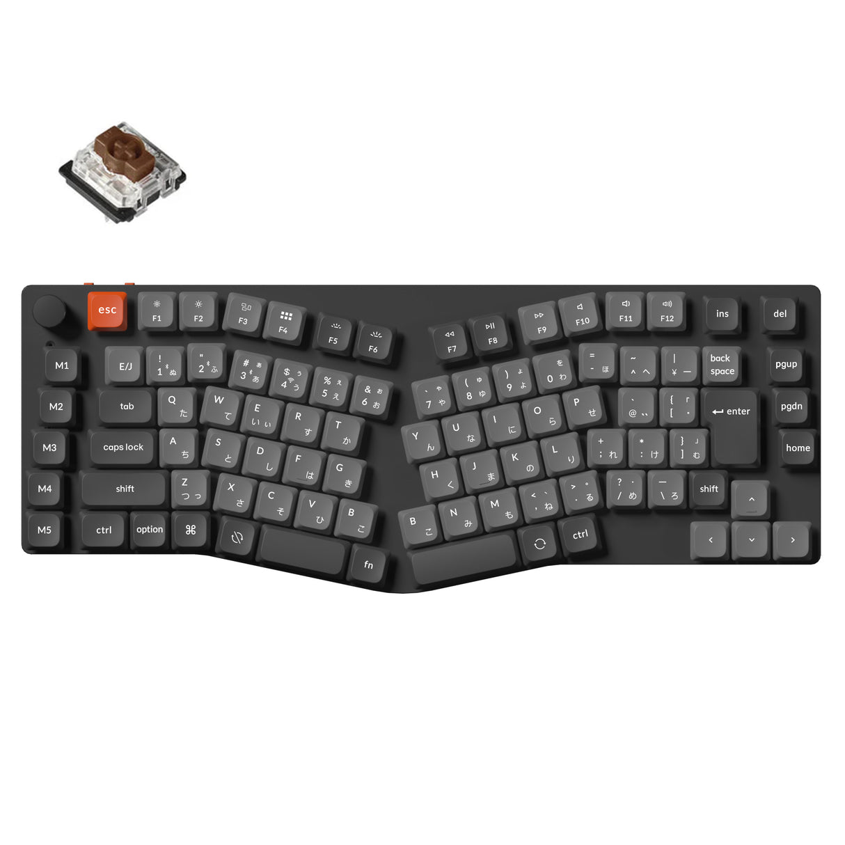 Top-down view of the Keychron K15 Max Alice-layout wireless mechanical keyboard (Japanese layout) with dark gray keycaps, an orange Esc key, and a brown mechanical switch shown above.