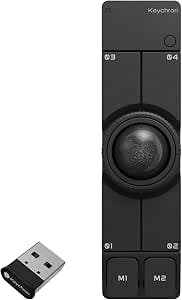 Black Keychron Nape Pro trackball mouse showing a round trackball and a small USB receiver.