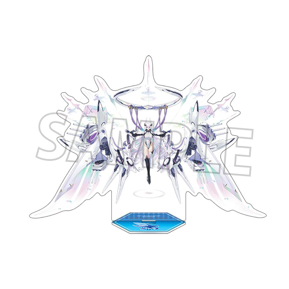 A full-color acrylic stand mockup showing theキアサージ character with large mechanical wings and a blue hexagonal base, overlaid with a SAMPLE watermark.