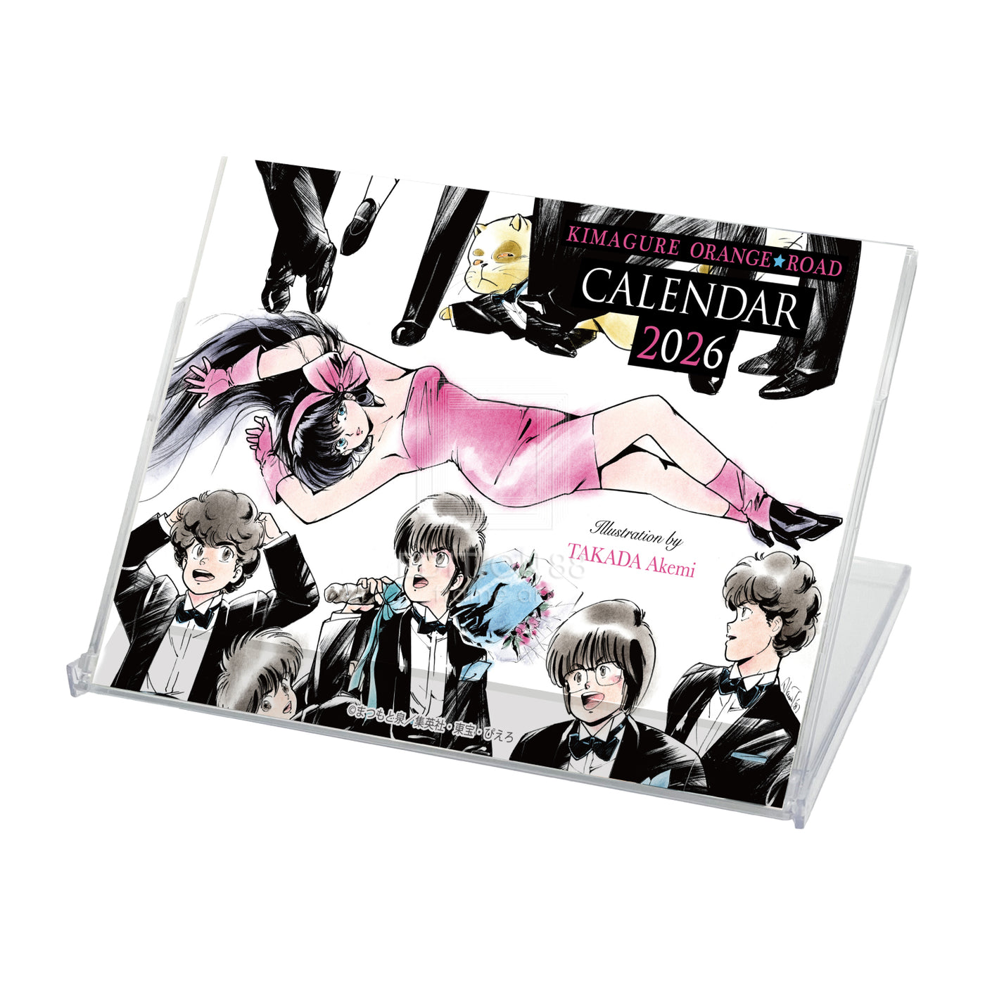 Desk calendar for 2026 featuring a Kimagure Orange Road cover illustration displayed in a clear plastic stand.