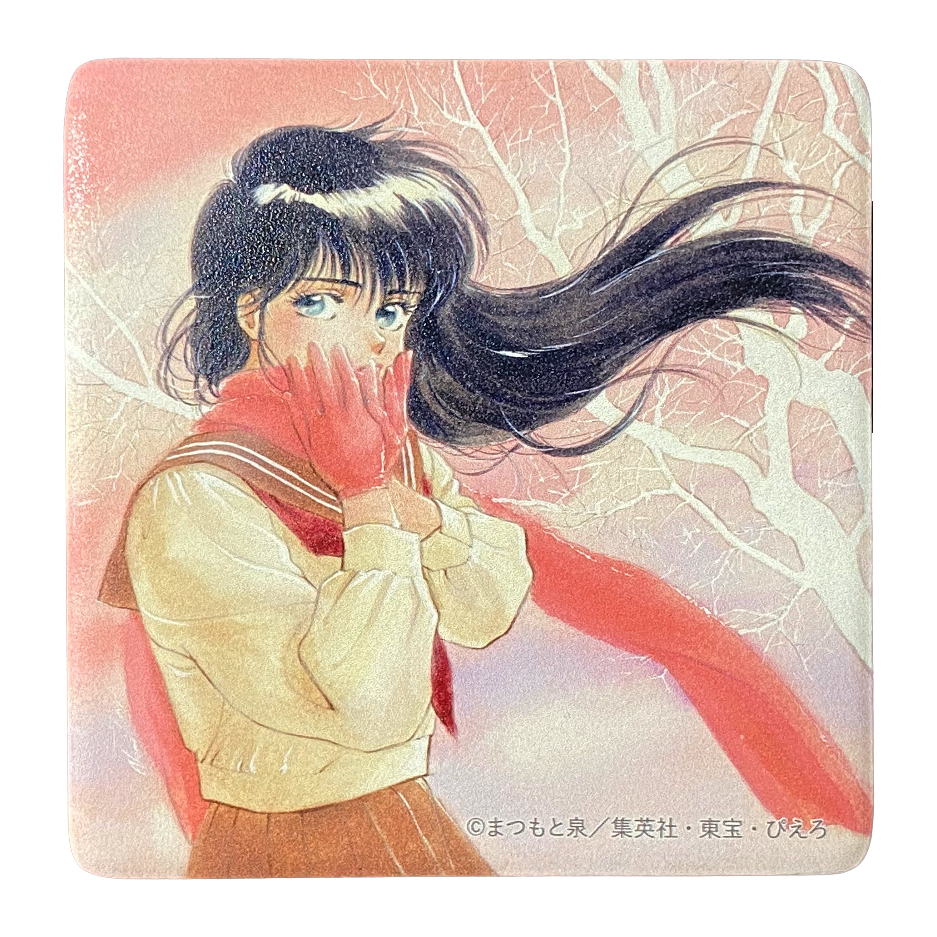 Square ceramic coaster with an anime-style illustration of a dark-haired girl covering her mouth, wearing a red scarf and gloves against a snowy, tree-filled background.