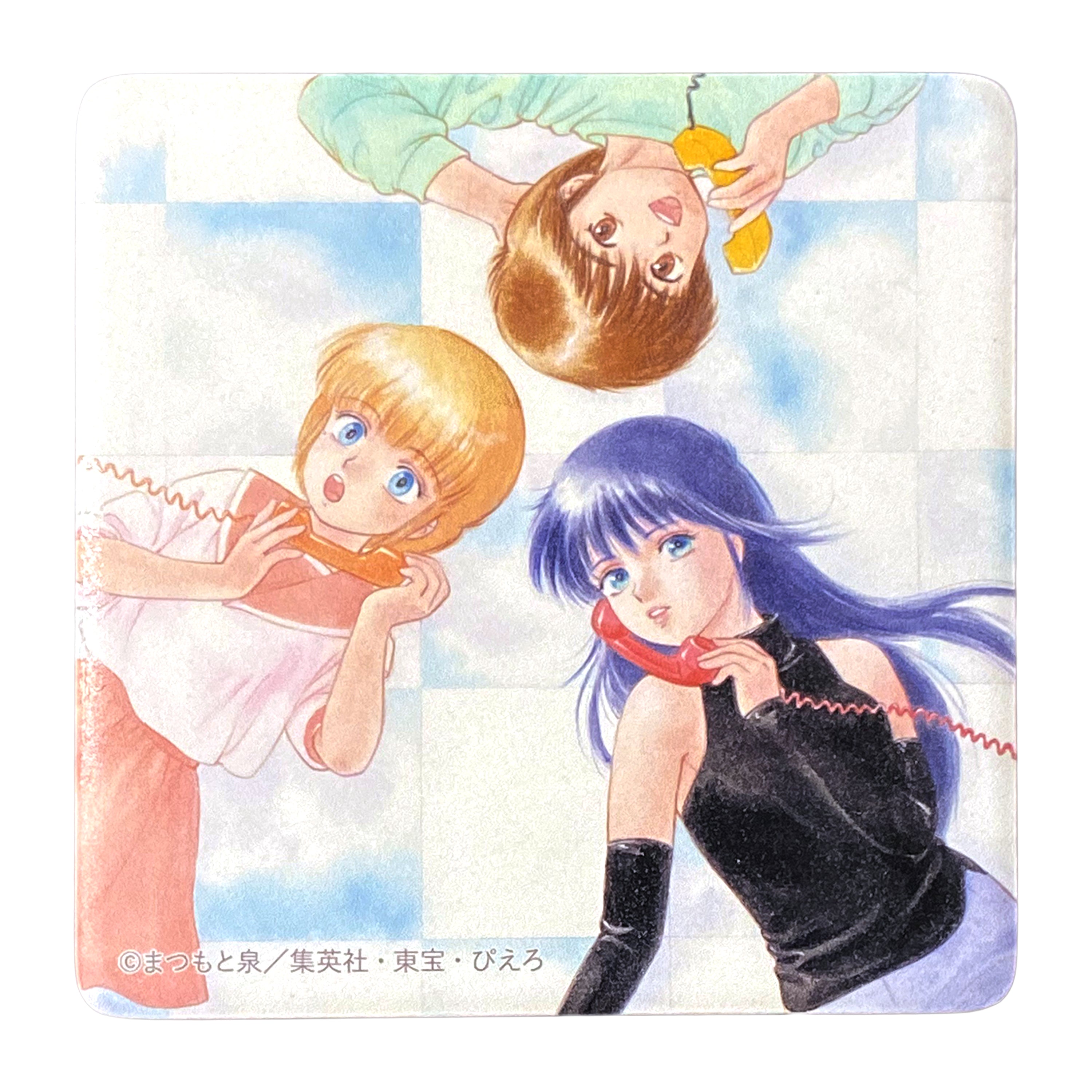 Top view of a square ceramic coaster featuring three illustrated characters from Kimagure Orange Road.