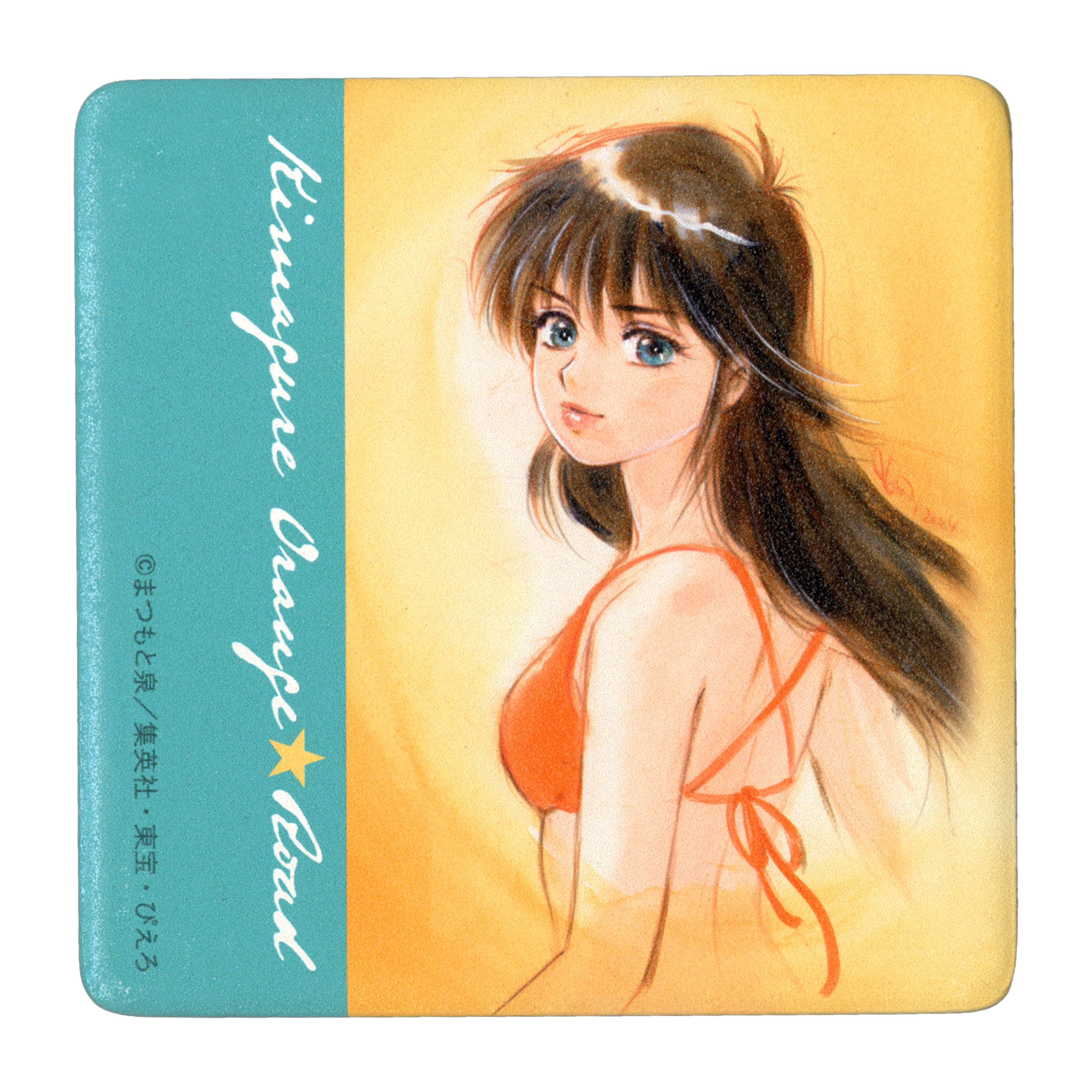 Square ceramic coaster featuring an anime-style woman in a red bikini with a teal vertical band of text.