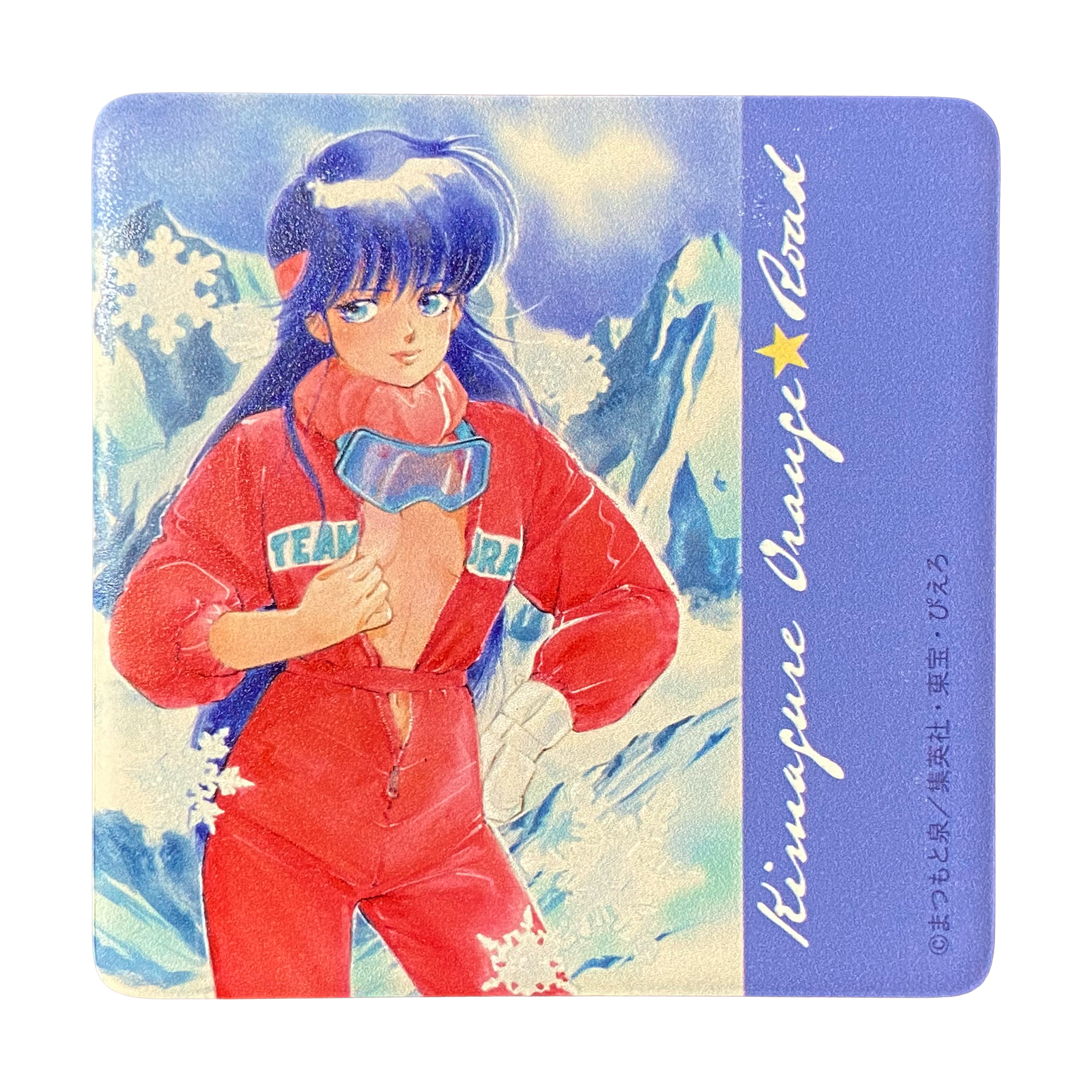 Square ceramic coaster showing the “Winter” art tile from Kimagure Orange Road with a female character in a red ski outfit against a snowy mountain background.