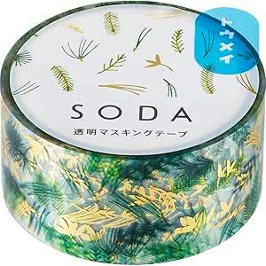 A roll of King Jim SODA clear masking tape showing a green foliage decorative pattern and a visible SODA label.