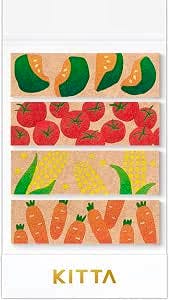 A vertical image showing four KITTA masking tape strips with illustrated produce patterns (green-orange slices, red tomatoes, yellow-green shapes, orange carrots) above the KITTA logo.