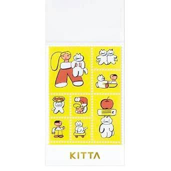 Photo of a KITTA masking tape stamp sheet showing small cat and cushion illustrations on a yellow background.