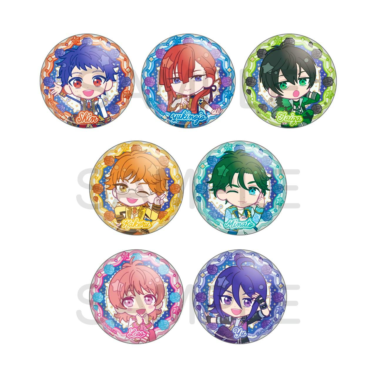 Seven chibi character trading can badges from KING OF PRISM arranged on a white background.