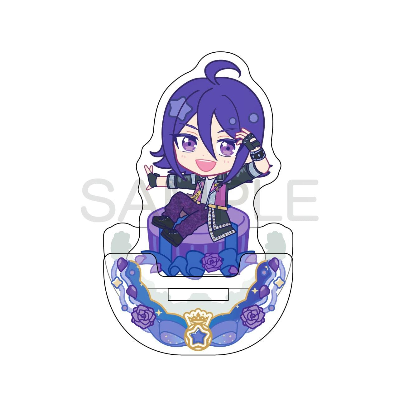 Chibi-style acrylic stand of the KING OF PRISM character Ryuno Yuu seated on a purple decorative base with floral accents.