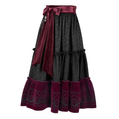 Front view of a black and burgundy long women's skirt with a wide burgundy waist tie, tiered ruffles, and patterned hem.
