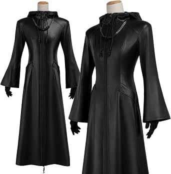Mannequin wearing a long black cosplay coat with a hood, flared sleeves, front zipper, and decorative chain.